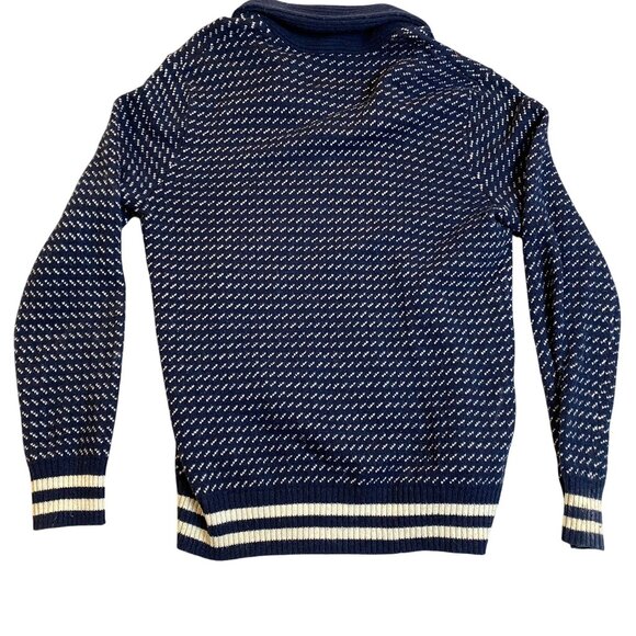 American Eagle Men's Birds Eye Sweater Large Navy & White Patterned Shawl Collar - Picture 2 of 7